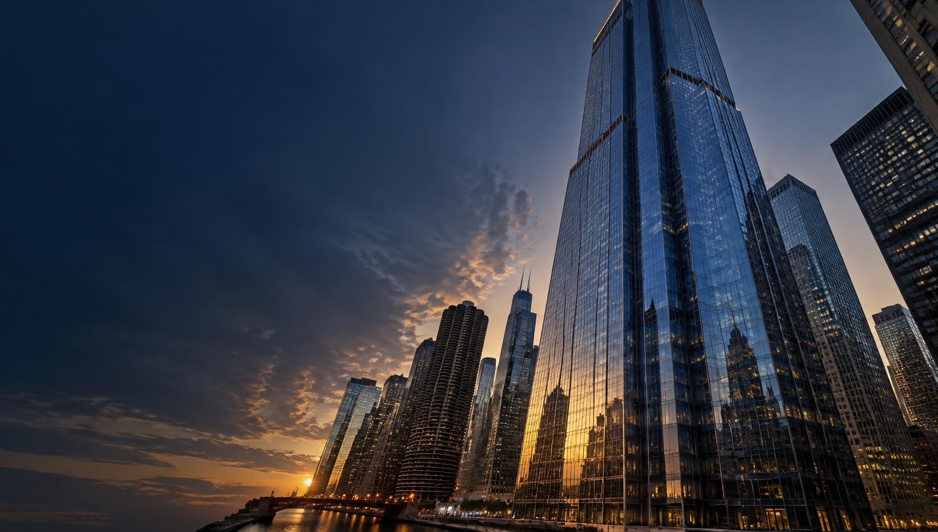 Modern glass towers reflecting the evening light